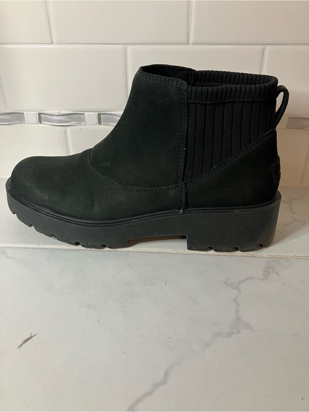 UGG Black Suede Ankle Boot with Rib Knit elastic Panel.  EUC!